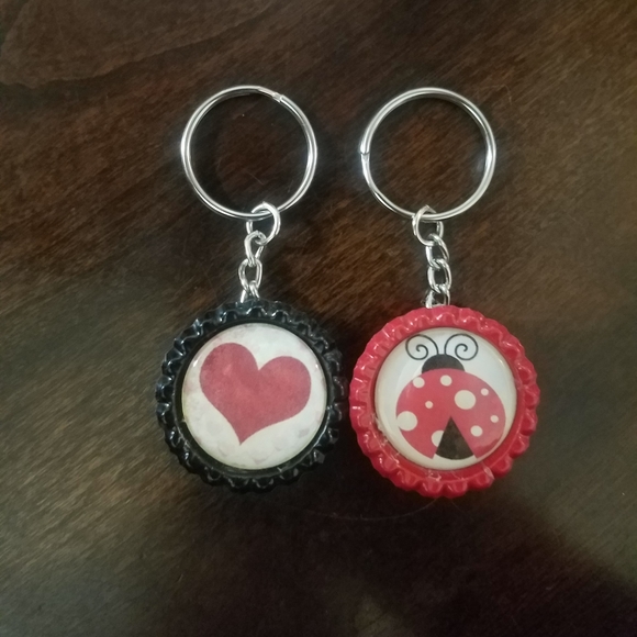 Heart & Ladybug Bottle Cap Keychains